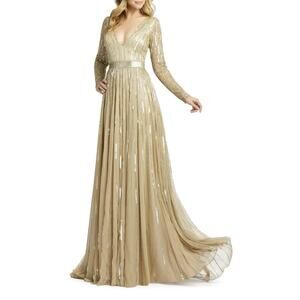 Mac Duggal Taupe Gold Long Sleeve Sequin & Bead Stripe Gown Size 6 $598
